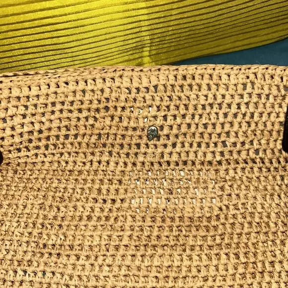 Helen Kaminski Woven Raffia Straw Tote Bag Brown Leather Handles Summer Purse - Picture 2 of 7